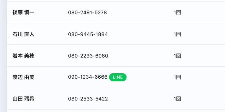 顧客一覧。名前・電話番号・LINE連携の有無・来店回数が並ぶ